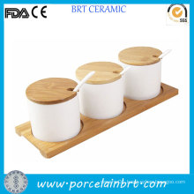 Kitchen Canister Ceramic Condiment Set with Wood Saucer